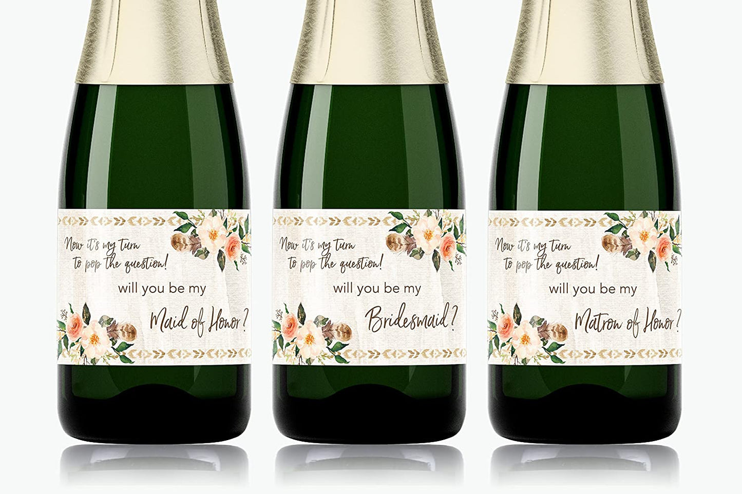 Bohemian Will You Be My Bridesmaid Mini Champagne Labels • Country Feathers Bridesmaid Proposal, Maid / Matron of Honor Ask Rustic • SET of 14
