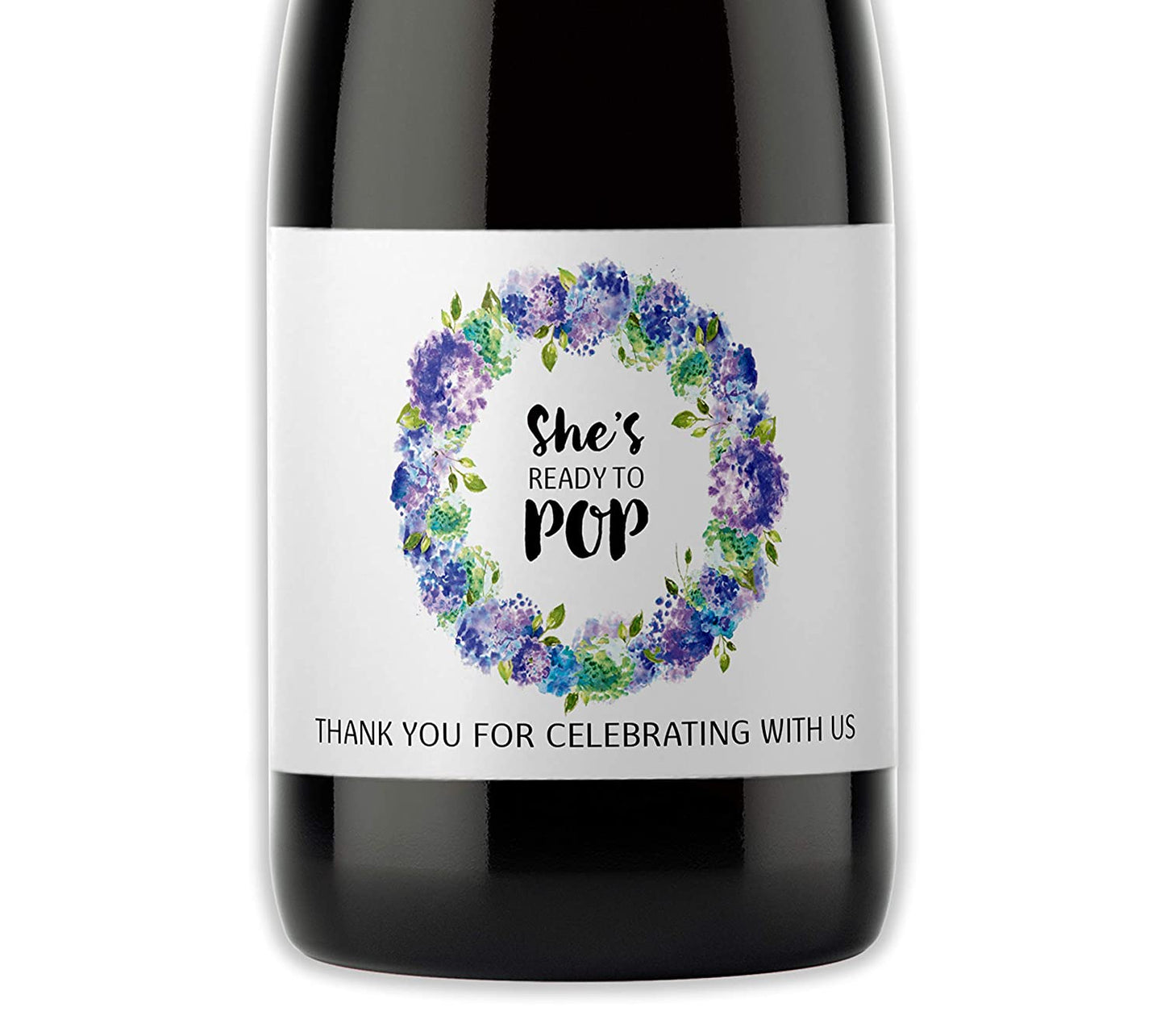 She's Ready To Pop • Blue Baby Shower Mini Champagne Labels • SET of 12