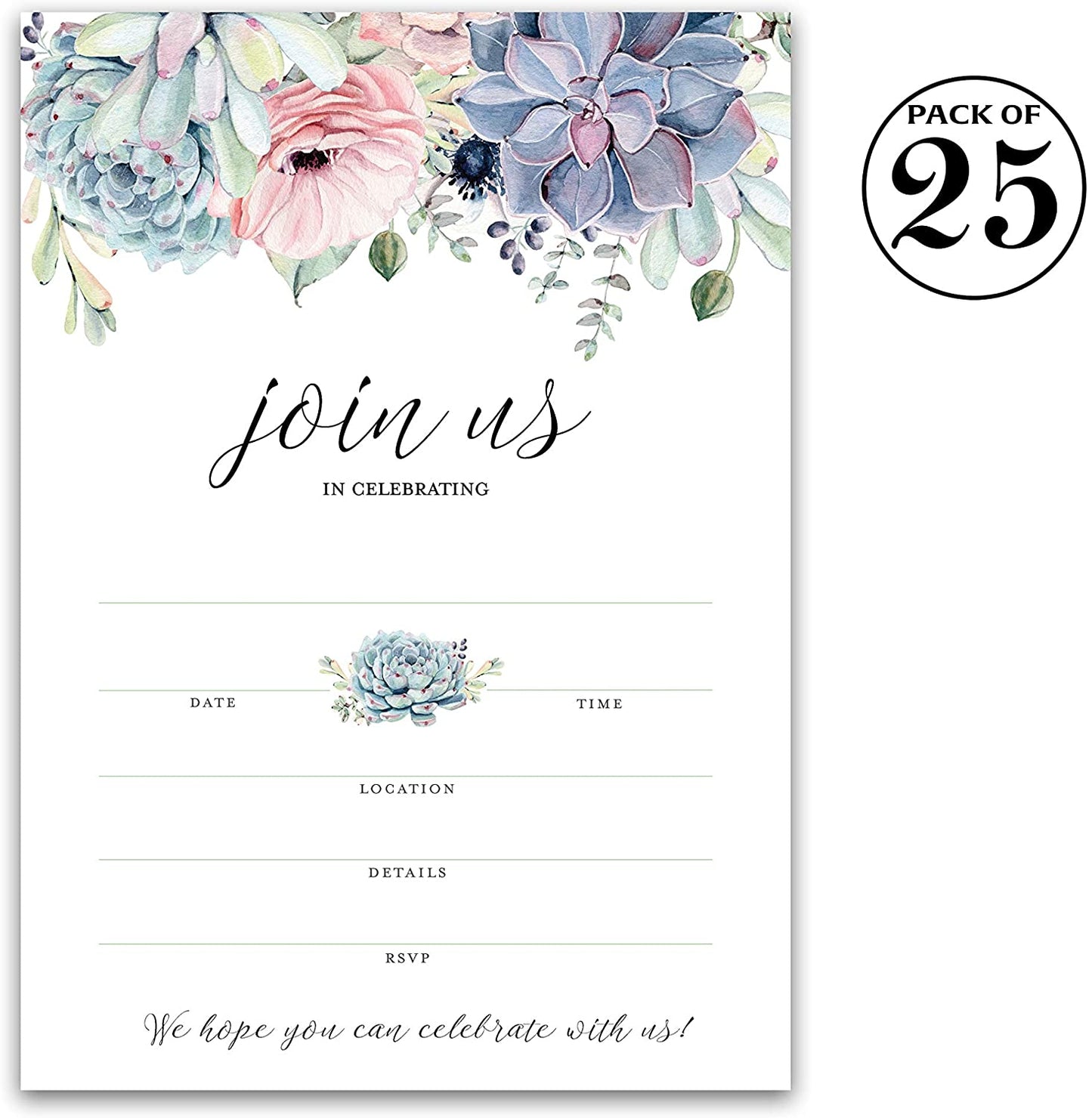 Succulents Invitations • Join Us In Celebrating • SET of 25