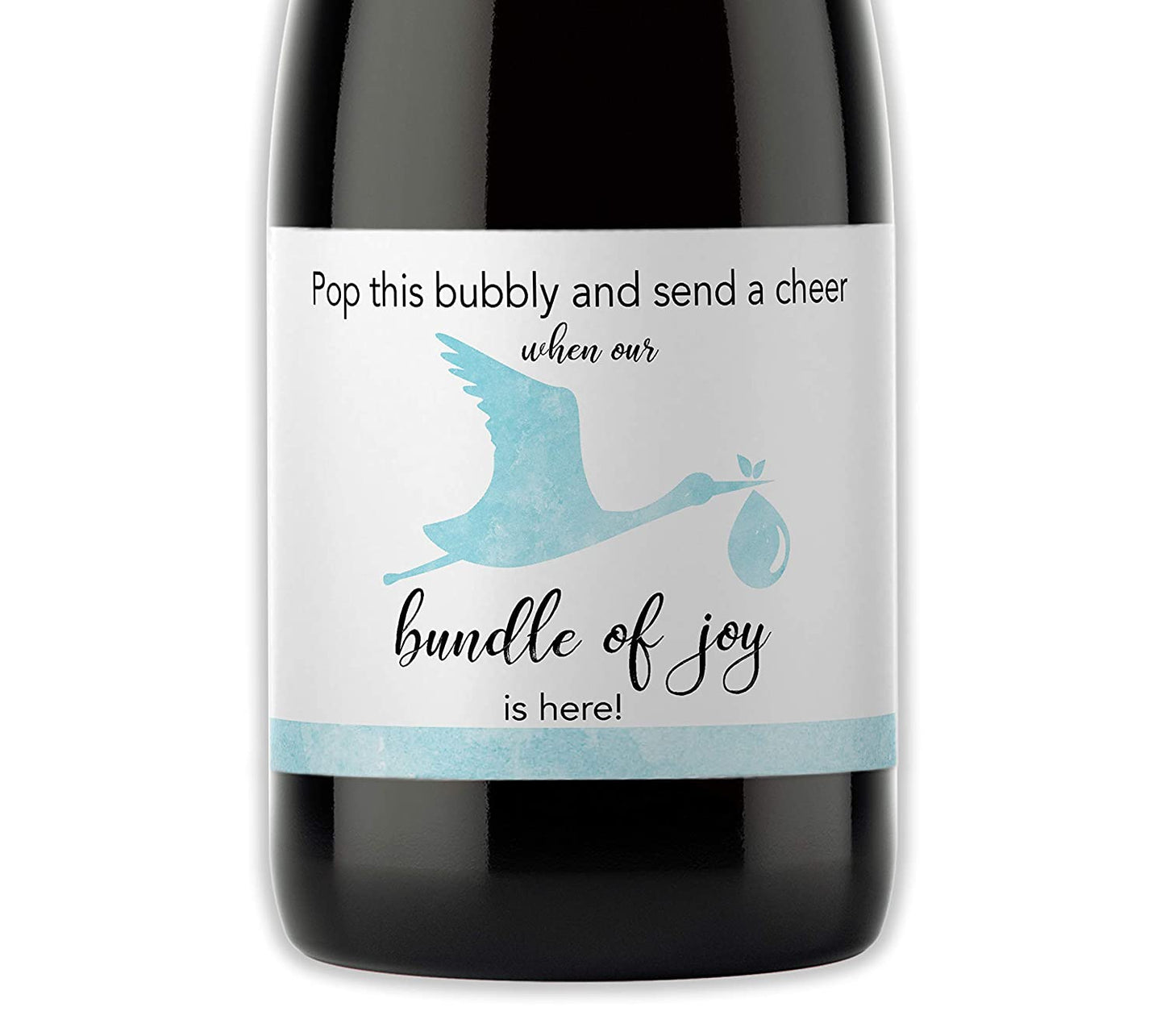 Boy Baby Shower Mini Champagne Labels • Blue Stork Bundle of Joy • SET of 12