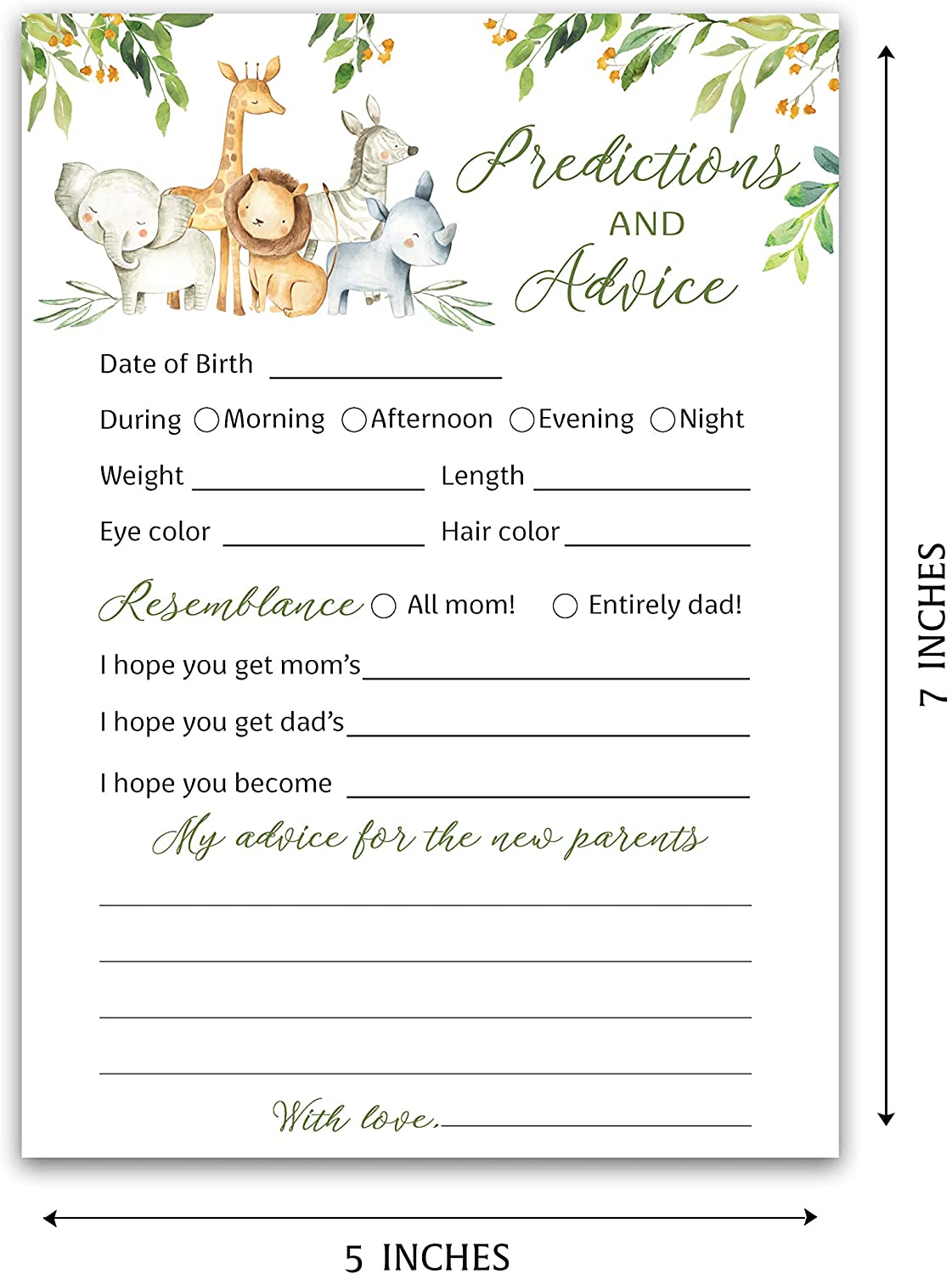 Safari Animals Baby Shower Game - Predictions & Advice Cards • SET of 25