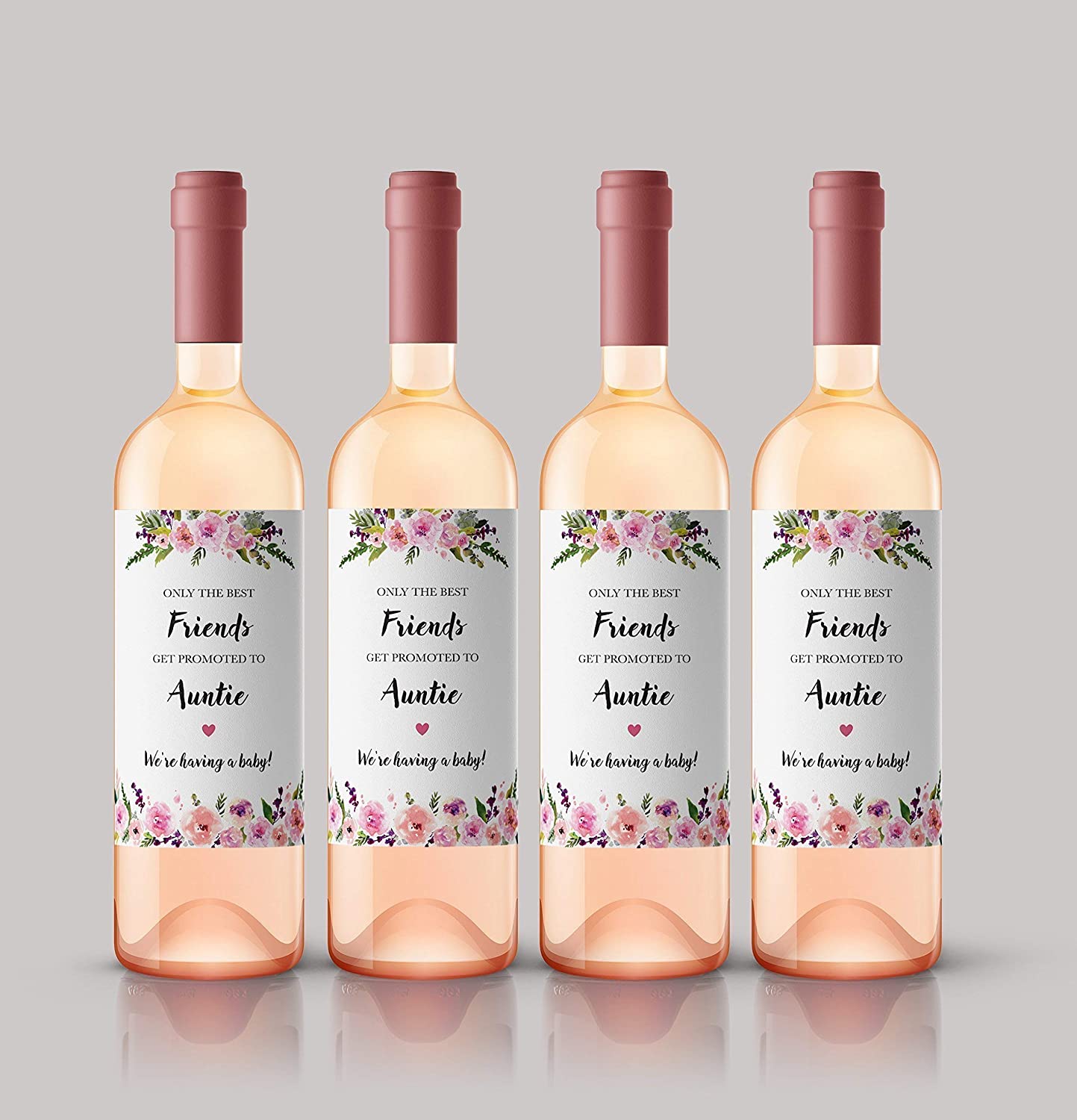 Only The Best Friends Get Promoted To Auntie • Floral Pregnancy Announcement Wine Labels • SET of 6