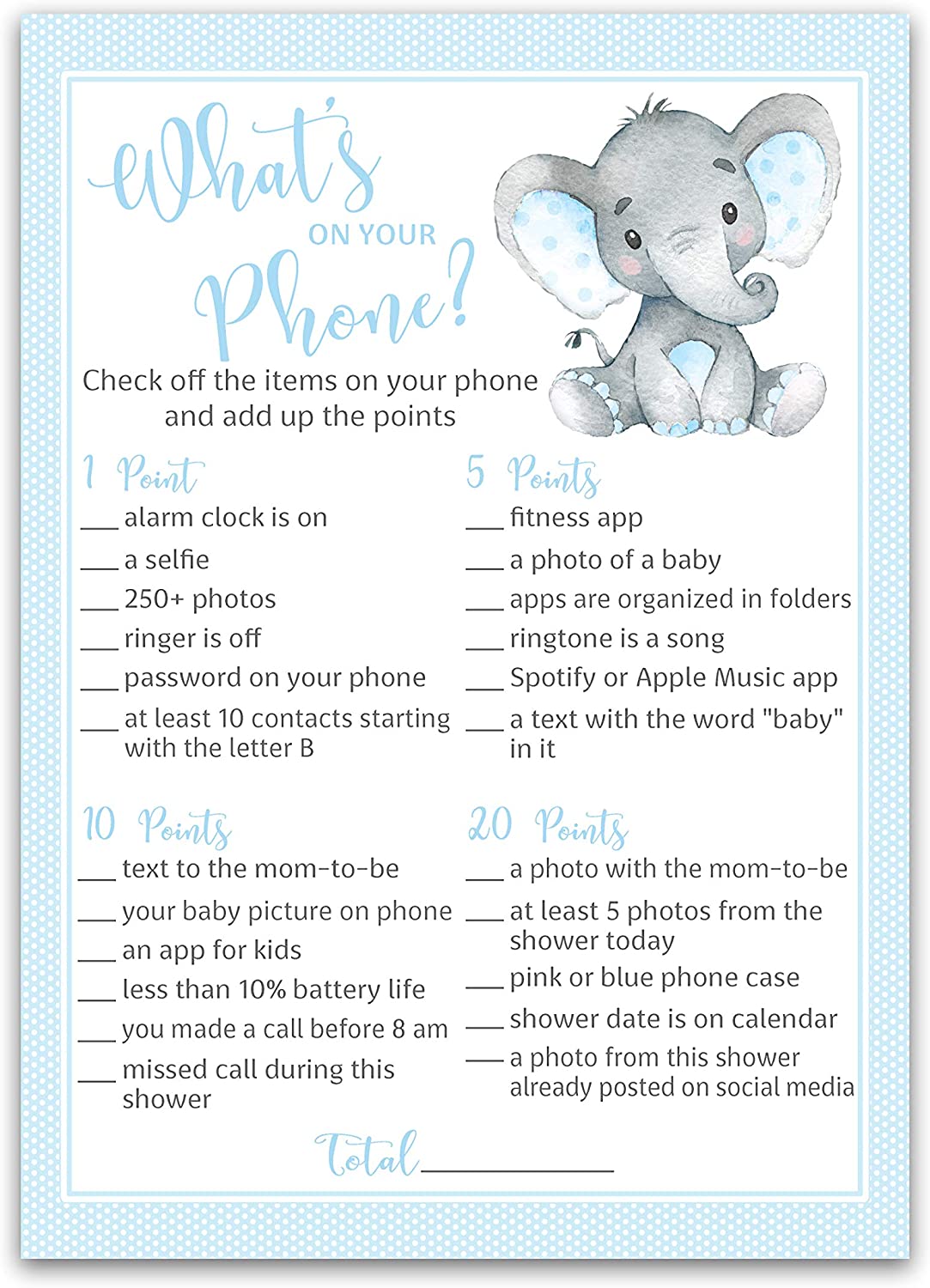 Blue Elephant Baby Shower Game - What's On Your Phone • SET of 25