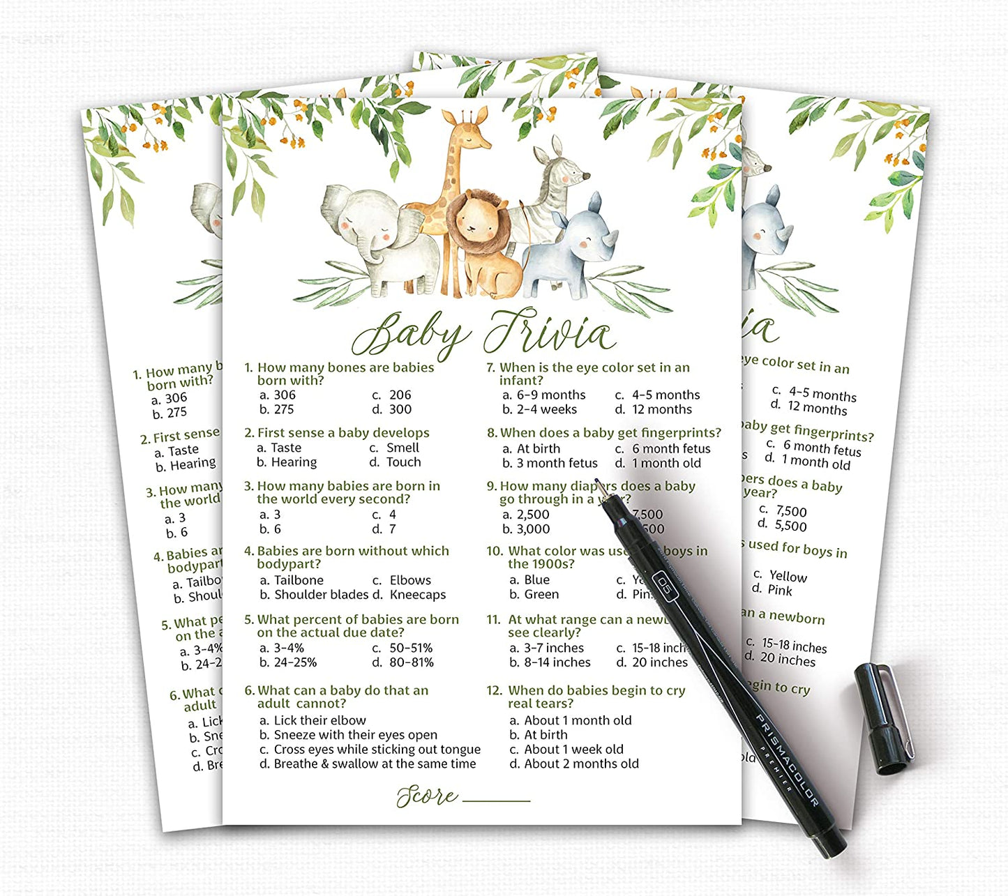 Safari Animals Baby Shower Game - Baby Trivia • SET of 25