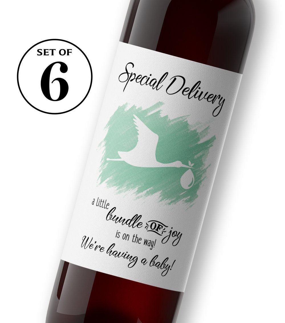 Stork Baby Announcement Wine Labels • GENDER NEUTRAL • Mint Green Pregnancy Announcement • SET of 6
