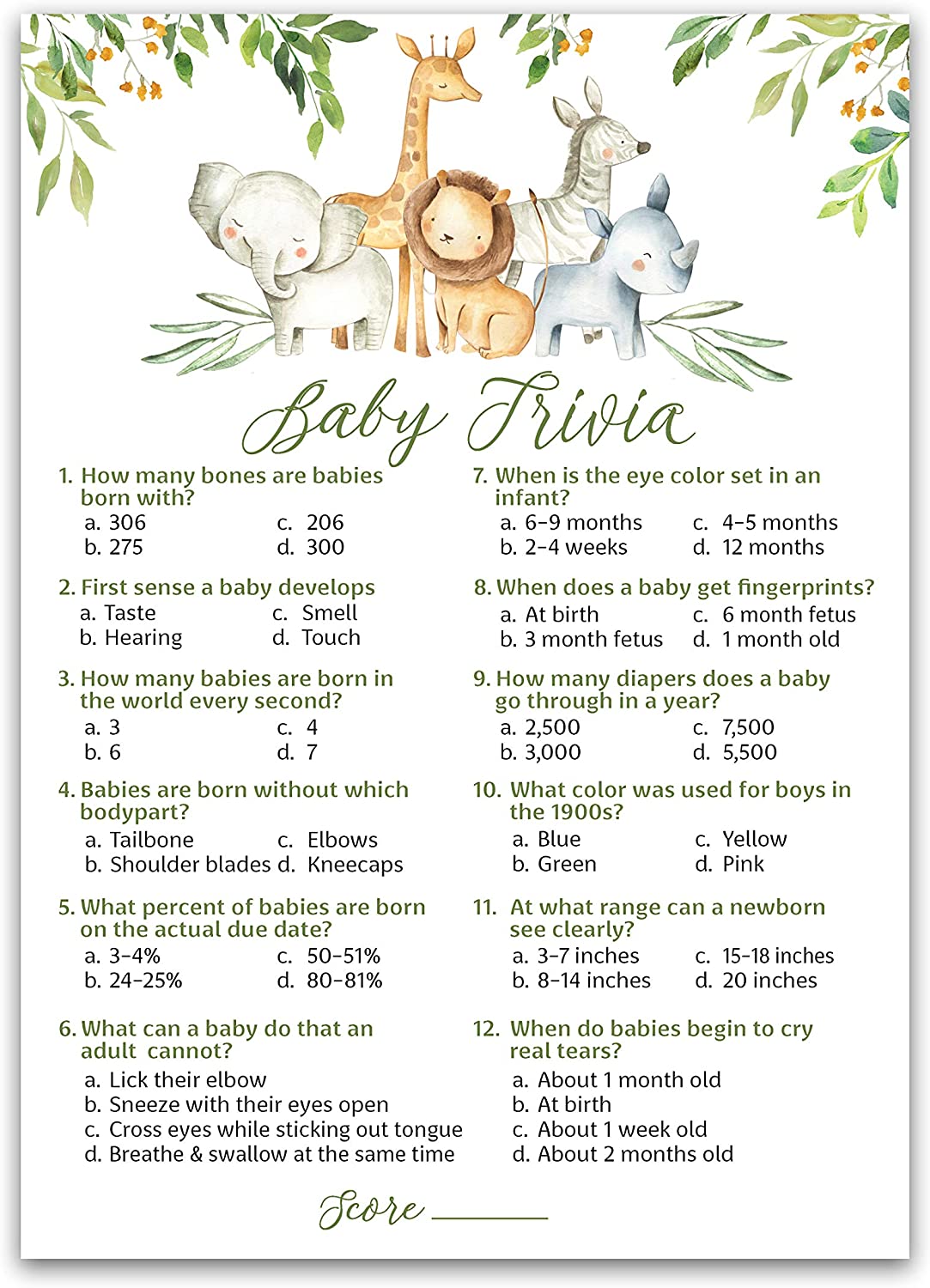 Safari Animals Baby Shower Game - Baby Trivia • SET of 25