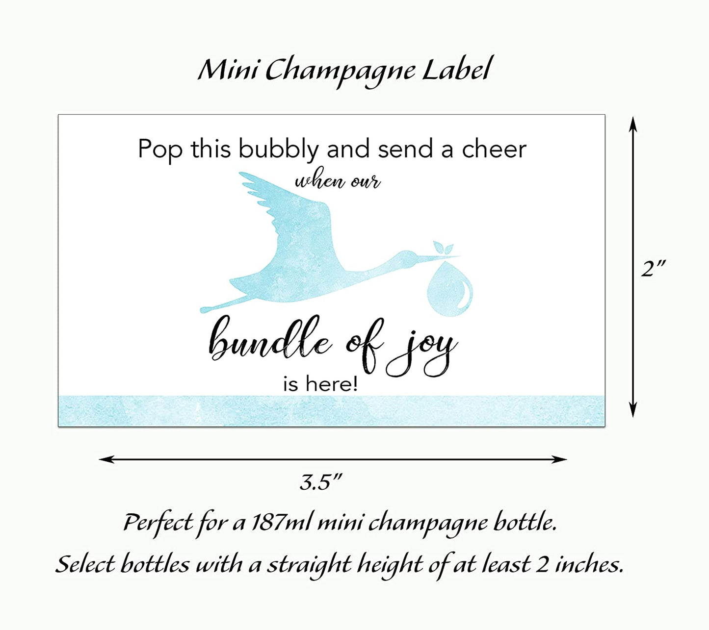 Boy Baby Shower Mini Champagne Labels • Blue Stork Bundle of Joy • SET of 12