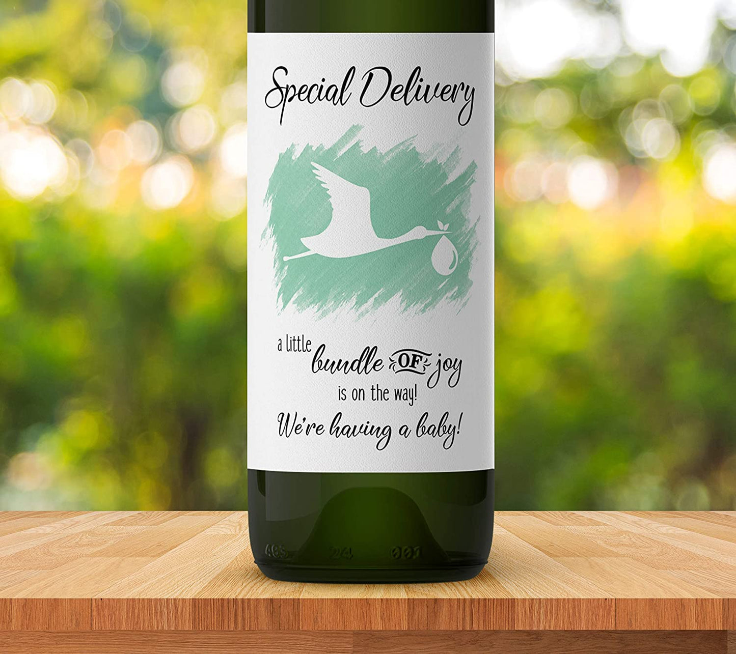 Stork Baby Announcement Wine Labels • GENDER NEUTRAL • Mint Green Pregnancy Announcement • SET of 6