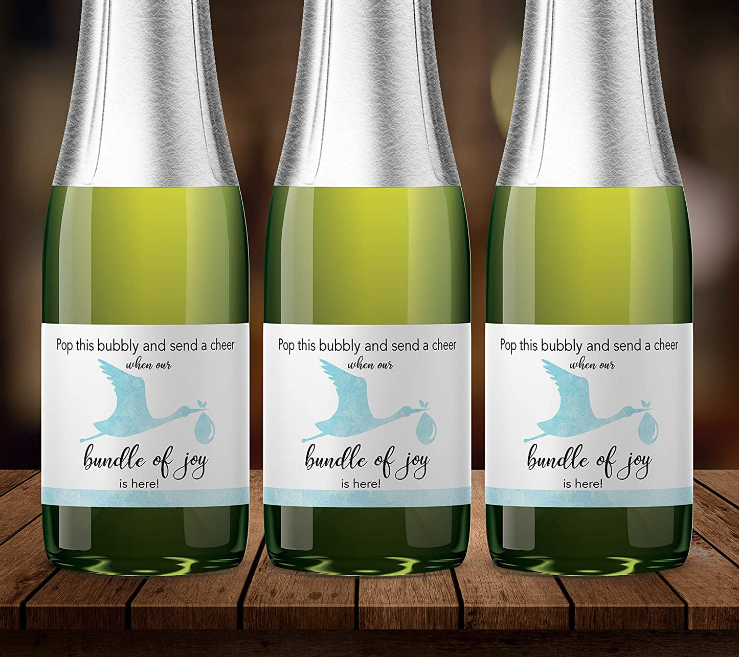 Boy Baby Shower Mini Champagne Labels • Blue Stork Bundle of Joy • SET of 12