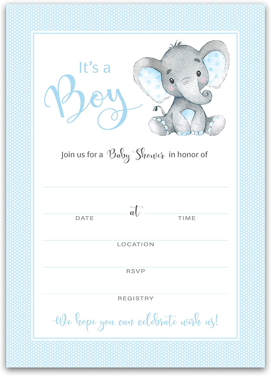 It's a Boy! • Blue Elephant Baby Shower Invitations • SET of 25