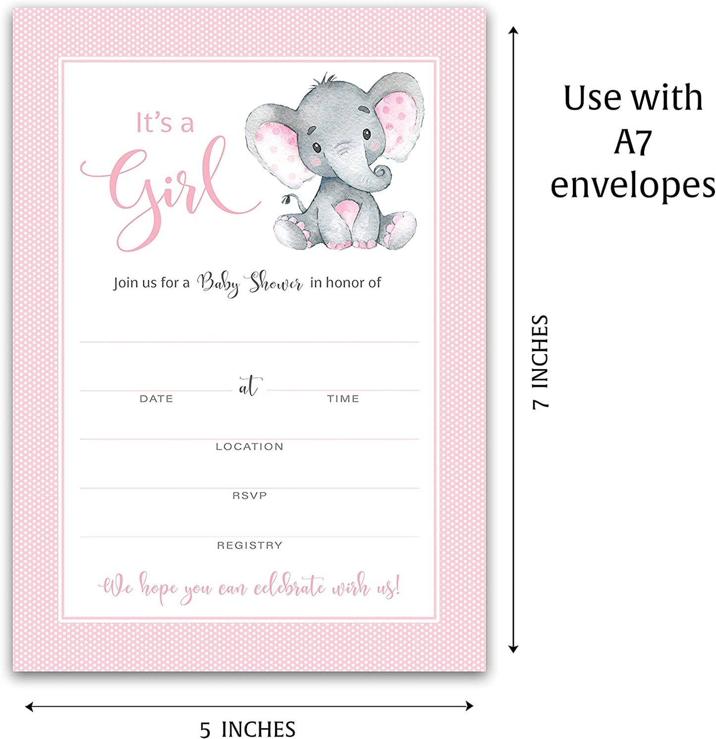 It's a Girl! • Pink Elephant Baby Shower Invitations • SET of 25