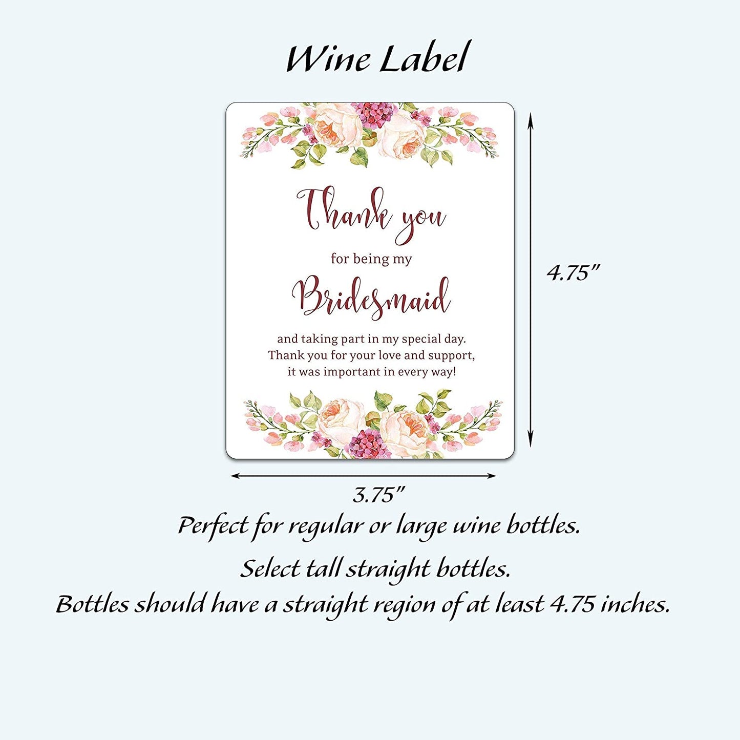 Thank You For Being My Bridesmaid Wine Bottle Labels • Bridesmaid, Maid / Matron of Honor Thank You • SET of 8