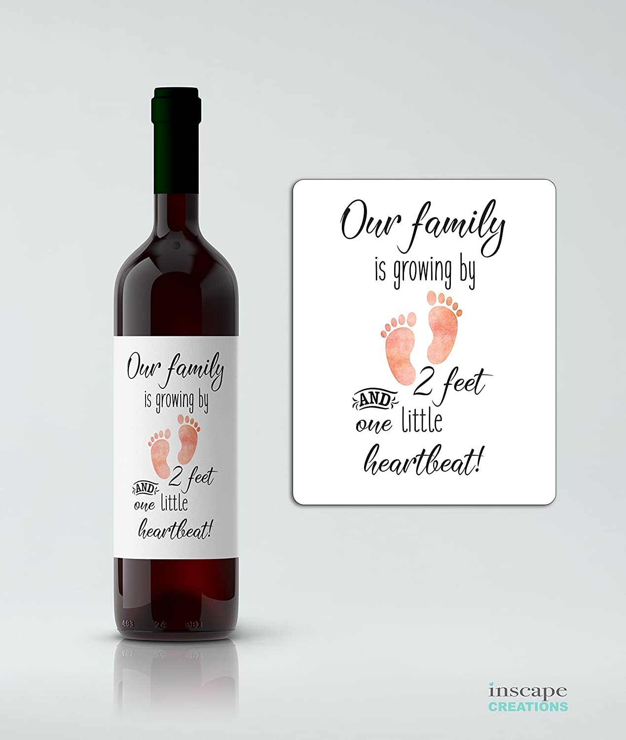 Pregnancy Announcement Wine Labels - 2 Feet & 1 Little Heartbeat • GENDER NEUTRAL • SET of 6