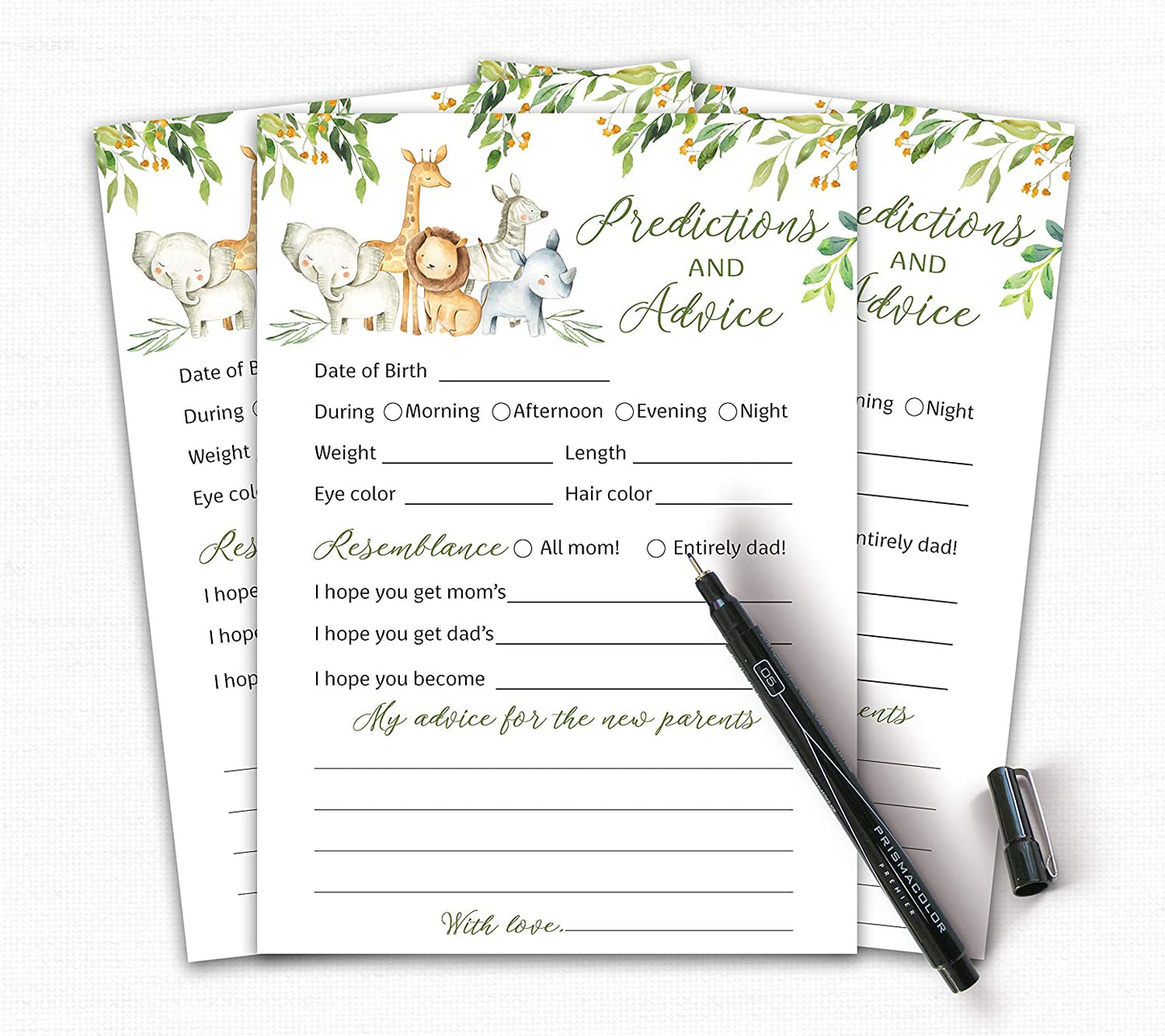 Safari Animals Baby Shower Game - Predictions & Advice Cards • SET of 25