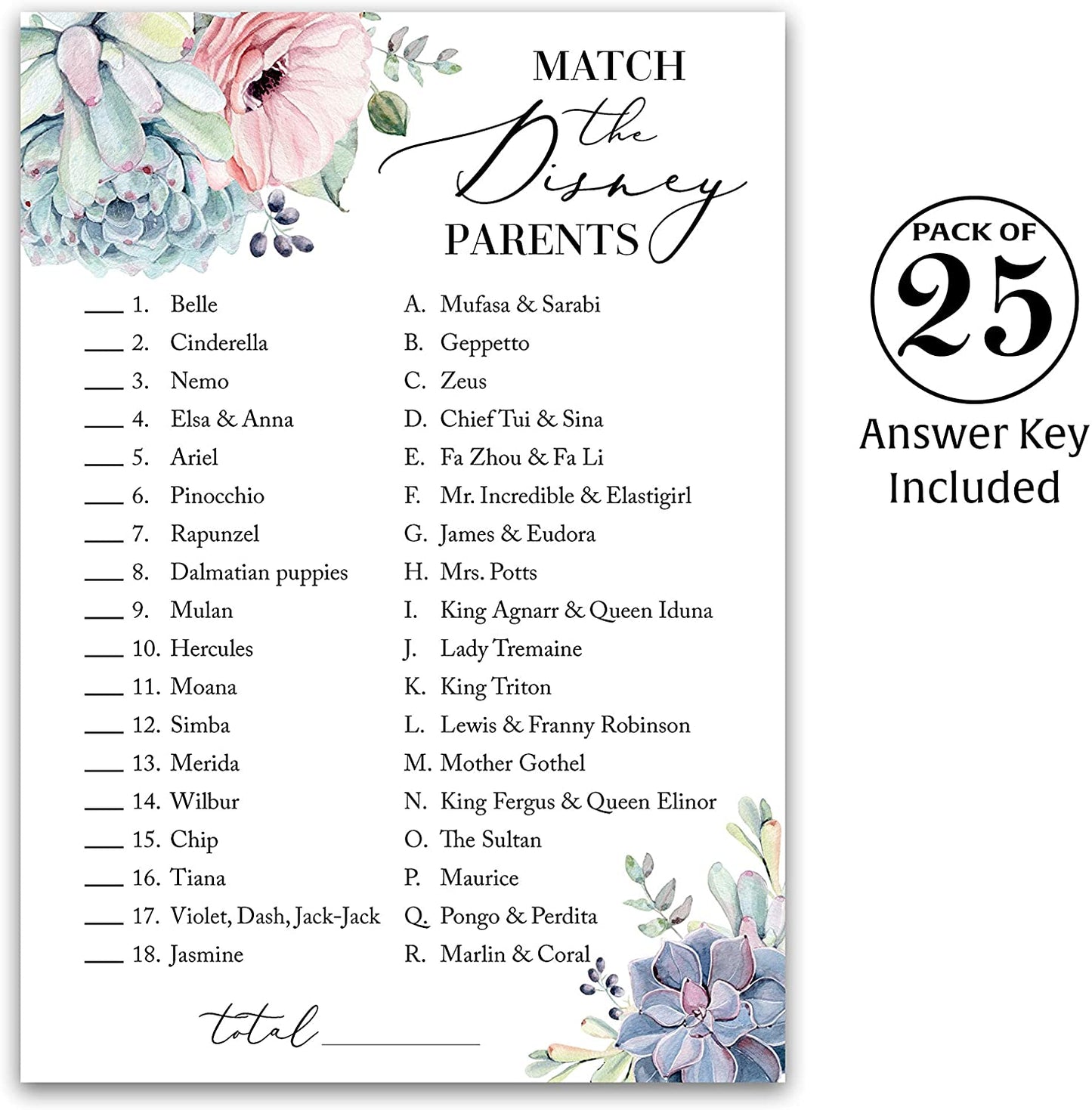 Succulents Baby Shower Game - Disney Parent Match • SET of 25