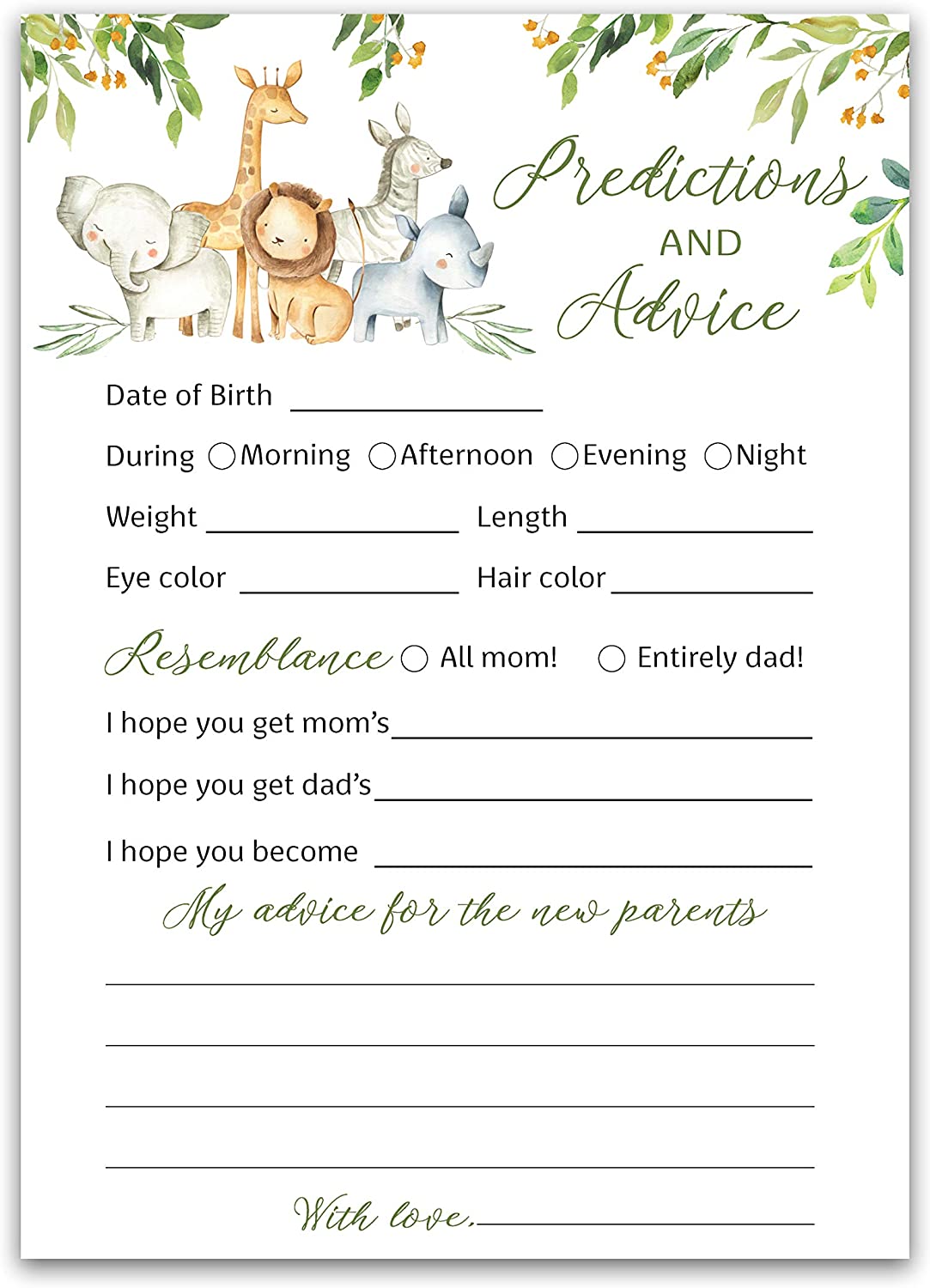Safari Animals Baby Shower Game - Predictions & Advice Cards • SET of 25