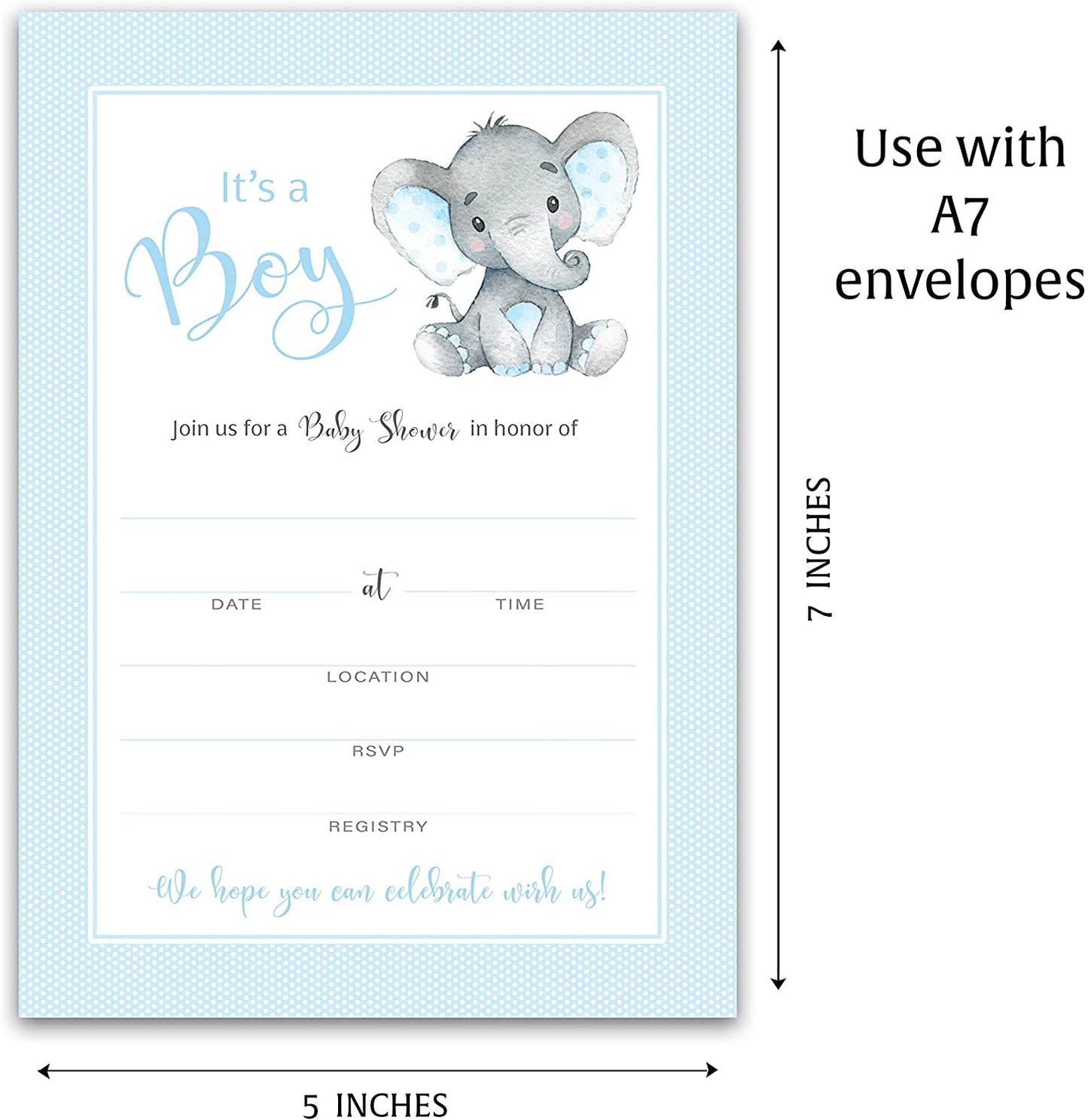 It's a Boy! • Blue Elephant Baby Shower Invitations • SET of 25