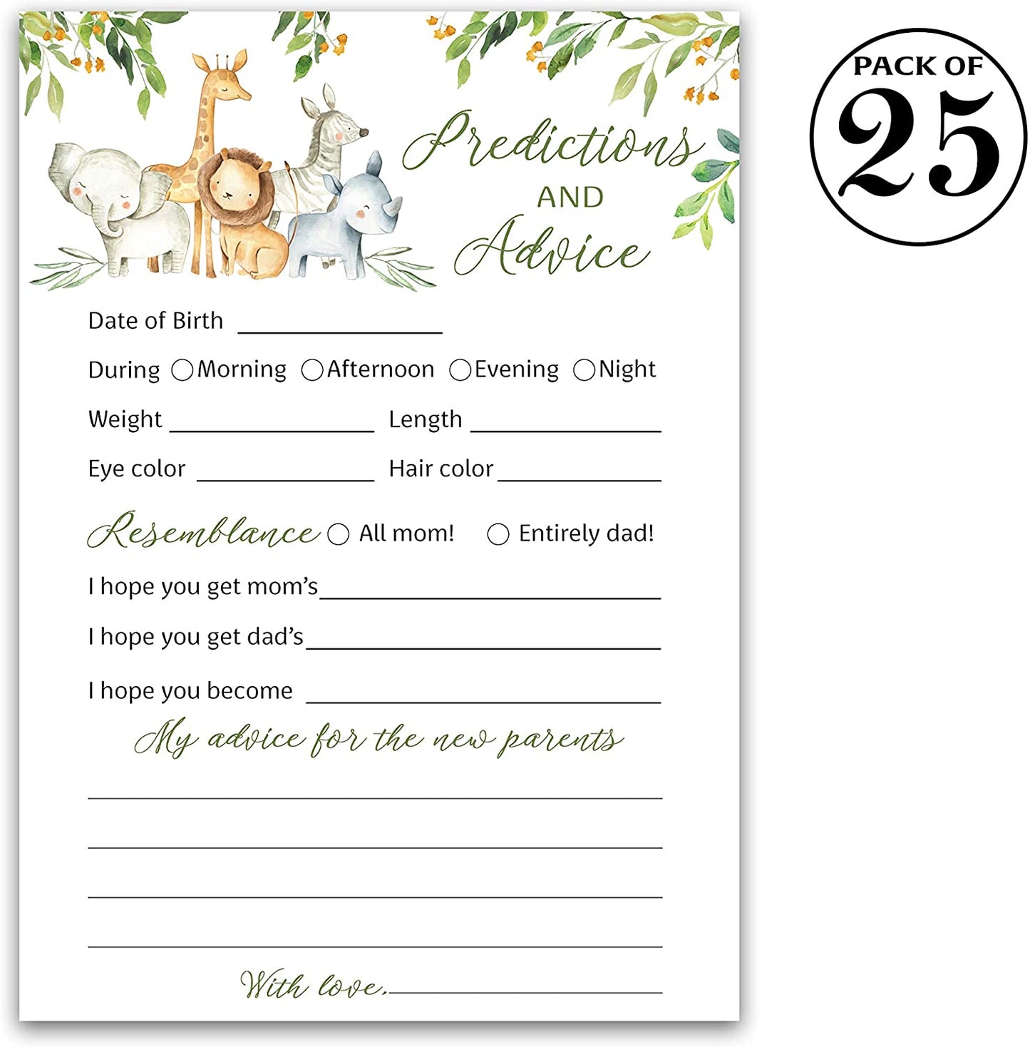 Safari Animals Baby Shower Game - Predictions & Advice Cards • SET of 25