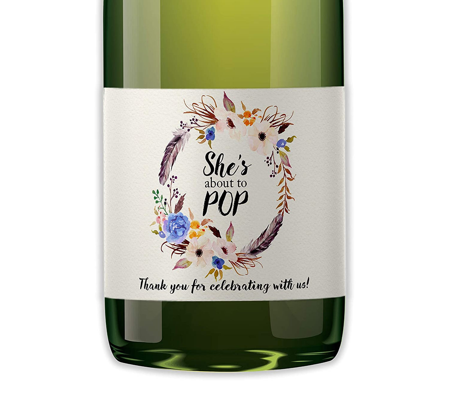 She's Ready To Pop • Bohemian Blue Baby Shower Mini Champagne Labels • SET of 18