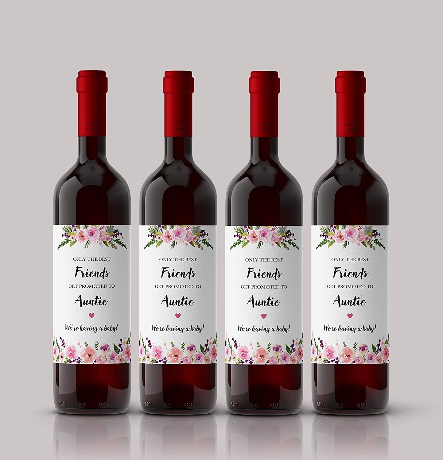 Only The Best Friends Get Promoted To Auntie • Floral Pregnancy Announcement Wine Labels • SET of 6