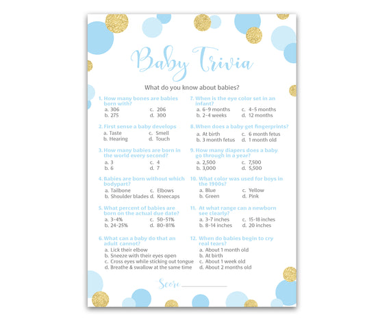 Blue & Gold Polka Dot Confetti Boy Baby Shower Game - Baby Trivia • SET of 25