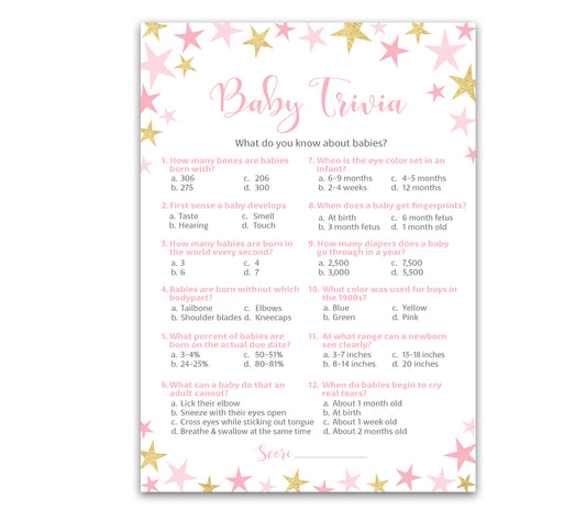 Pink & Gold Star Girl Baby Shower Game - Baby Trivia • SET of 25