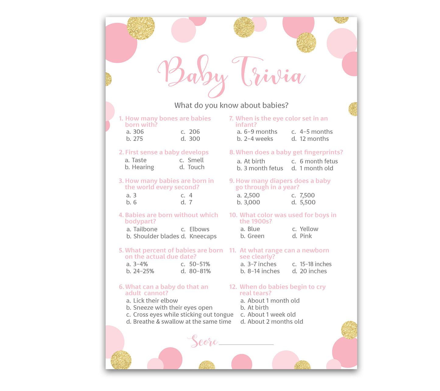 Pink & Gold Polka Dot Confetti Girl Baby Shower Game - Baby Trivia • SET of 25