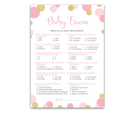 Pink & Gold Polka Dot Confetti Girl Baby Shower Game - Baby Trivia • SET of 25