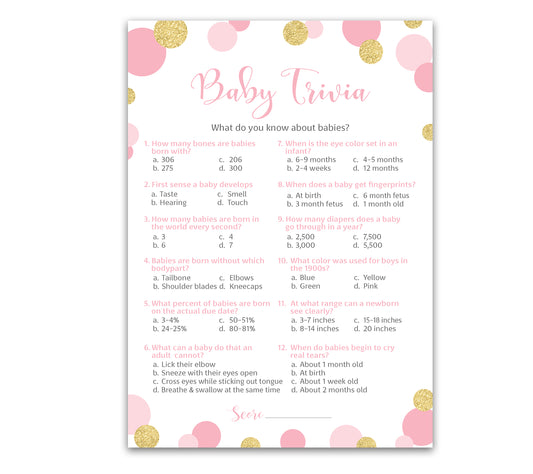 Pink & Gold Polka Dot Confetti Girl Baby Shower Game - Baby Trivia • SET of 25