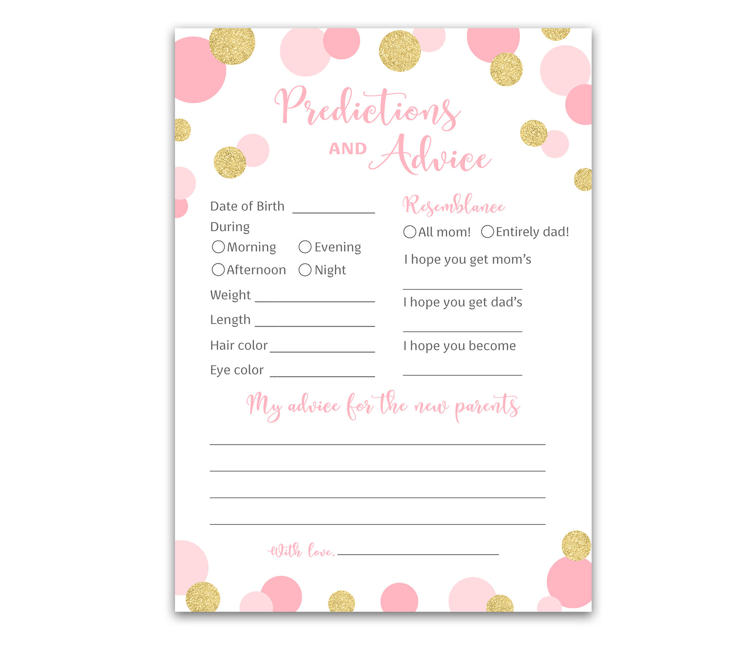 Pink & Gold Polka Dot Confetti Girl Baby Shower Game - Predictions & Advice Cards • SET of 25