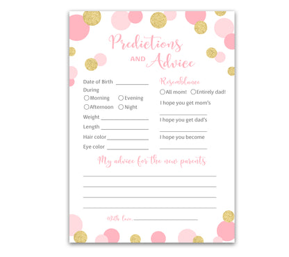 Pink & Gold Polka Dot Confetti Girl Baby Shower Game - Predictions & Advice Cards • SET of 25