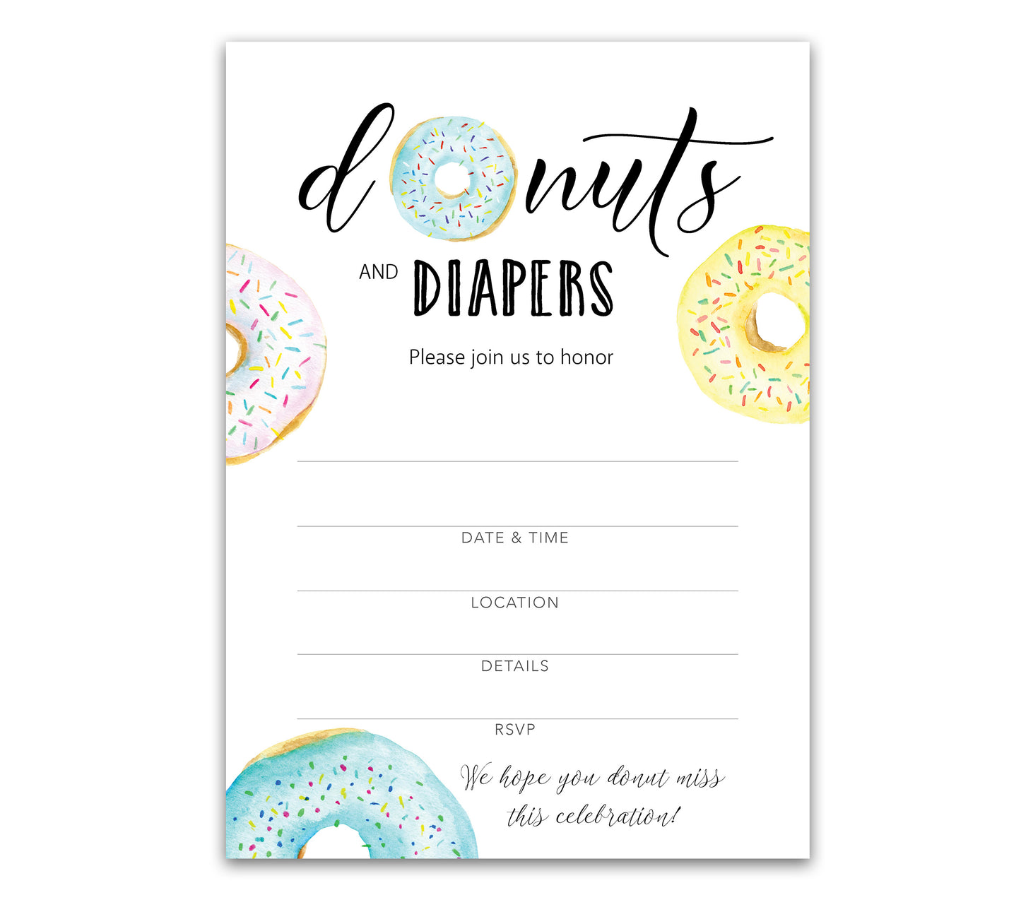 Donut and Diapers Sprinkle Boy Baby shower Invitation — Pack of 25