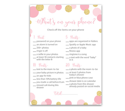 Pink & Gold Polka Dot Confetti Girl Baby Shower Game - What's On Your Phone • SET of 25