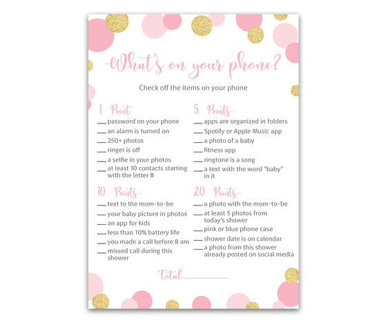 Pink & Gold Polka Dot Confetti Girl Baby Shower Game - What's On Your Phone • SET of 25