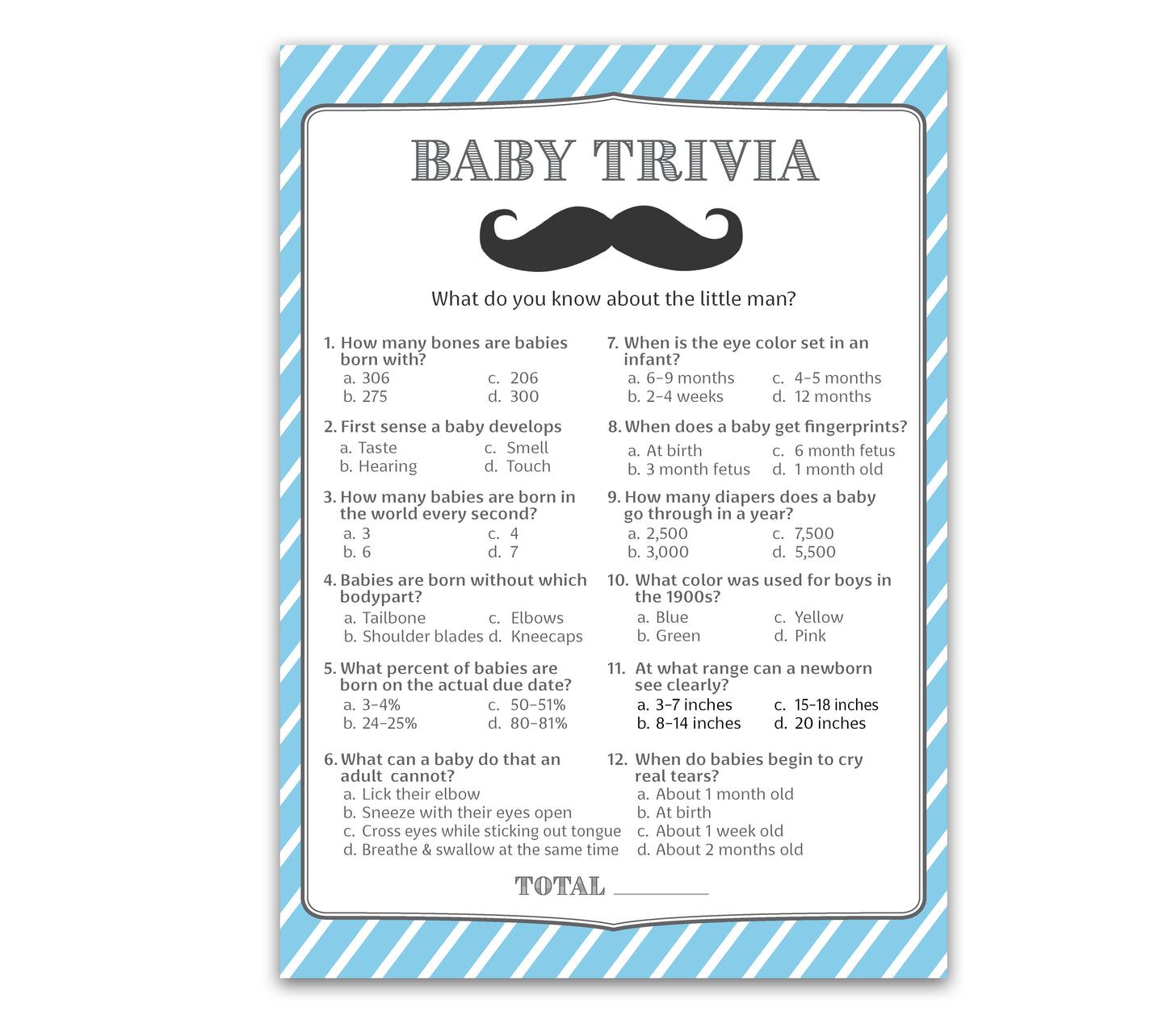 Mustache Boy Baby Shower Game - Baby Trivia • SET of 25