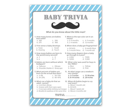 Mustache Boy Baby Shower Game - Baby Trivia • SET of 25