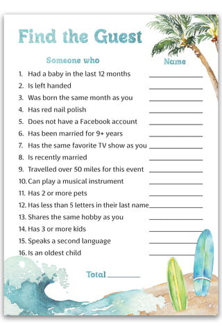 Surf Beach Theme FIND THE GUEST Baby Shower Game — Pack of 25 — Printed