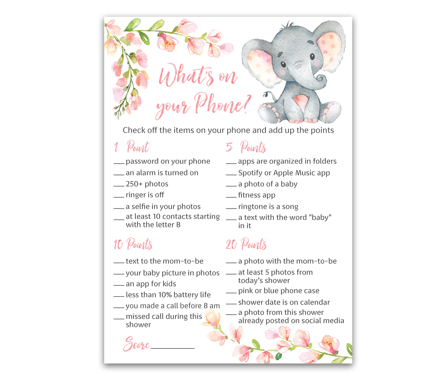 Pink Elephant Floral Girl Baby Shower Game - What's On Your Phone • SET of 25