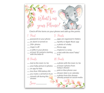 Pink Elephant Floral Girl Baby Shower Game - What's On Your Phone • SET of 25