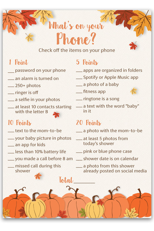 Little Pumpkin Baby Shower Game — What’s On Your Phone — Pack of 25 — Fall Gender Neutral Co-ed Party Activity