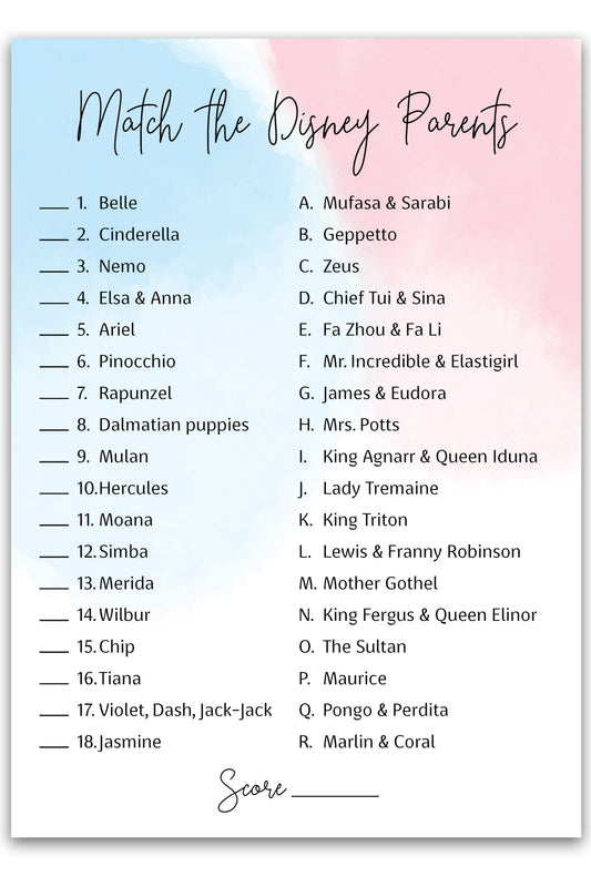 Boy or Girl Theme Baby Shower Game • Disney Parent Match • SET of 25 • Gender Reveal
