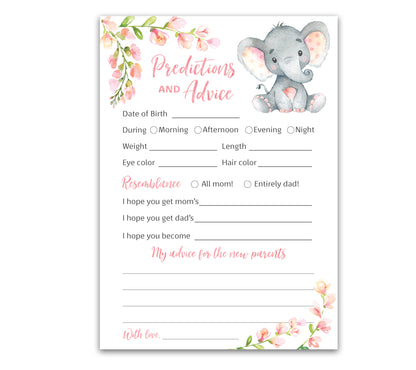 Pink Elephant Floral Girl Baby Shower Game - Predictions & Advice Cards • SET of 25