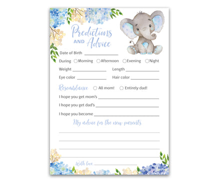 Blue Elephant Floral Boy Baby Shower Game - Predictions & Advice Cards • SET of 25