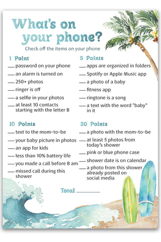 Beach Surf Baby Shower Game — WHAT'S ON YOUR PHONE - Printed