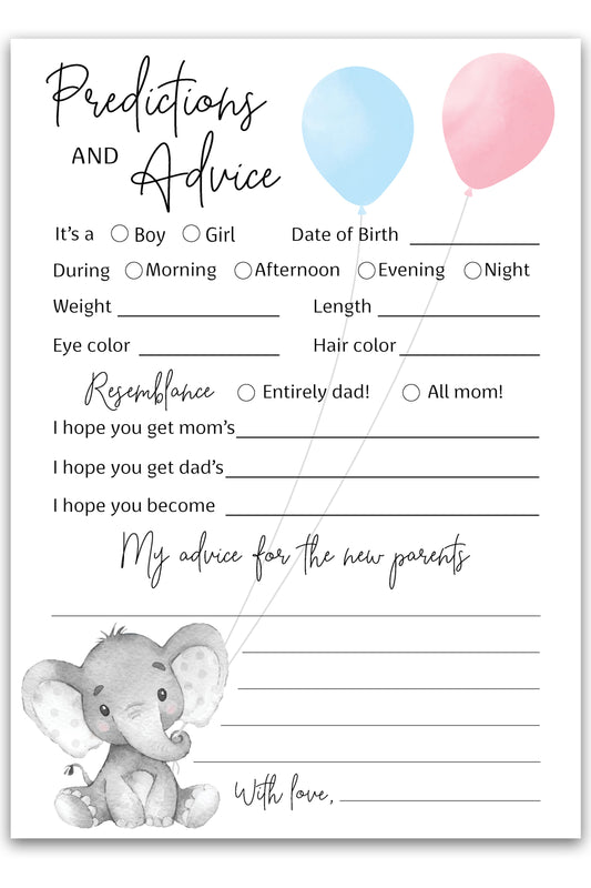 Boy or Girl Theme Gender Reveal • Predictions & Advice Cards • SET of 25 • Blue or Pink Baby Shower Game