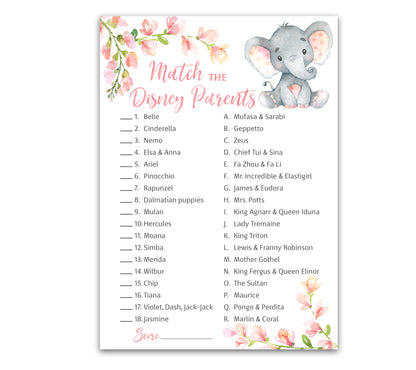 Pink Elephant Floral Girl Baby Shower Game - Disney Parent Match • SET of 25