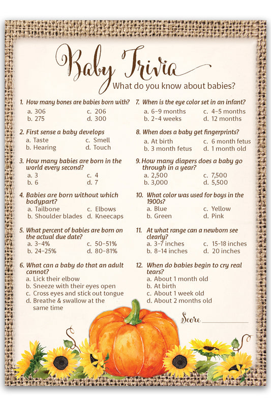 Pumpkin Baby Shower Trivia Game — Pack of 25 — Rustic Sunflowers Fall Gender Neutral Baby Shower Activity