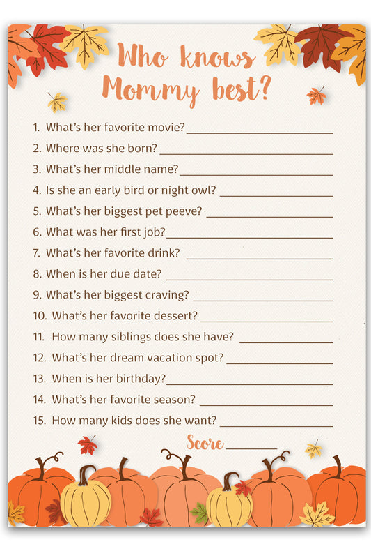 Little Pumpkin Baby Shower Game — Who Knows Mommy Best — Pack of 25 — Fall Gender Neutral Co-ed Shower Activity