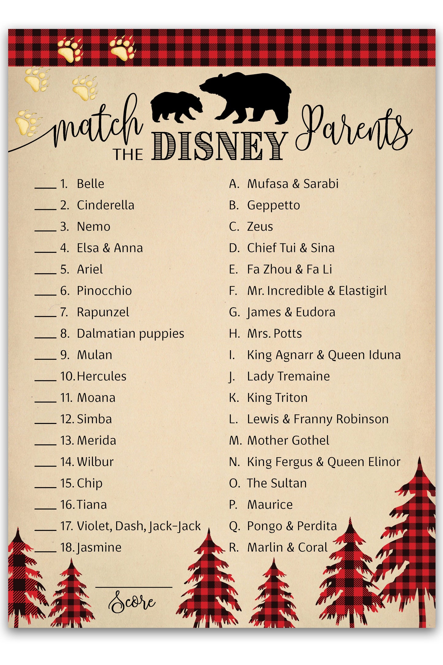 Game card with Disney character matching activity on a rustic background with trees and bears.