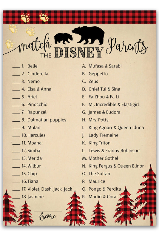 Game card with Disney character matching activity on a rustic background with trees and bears.